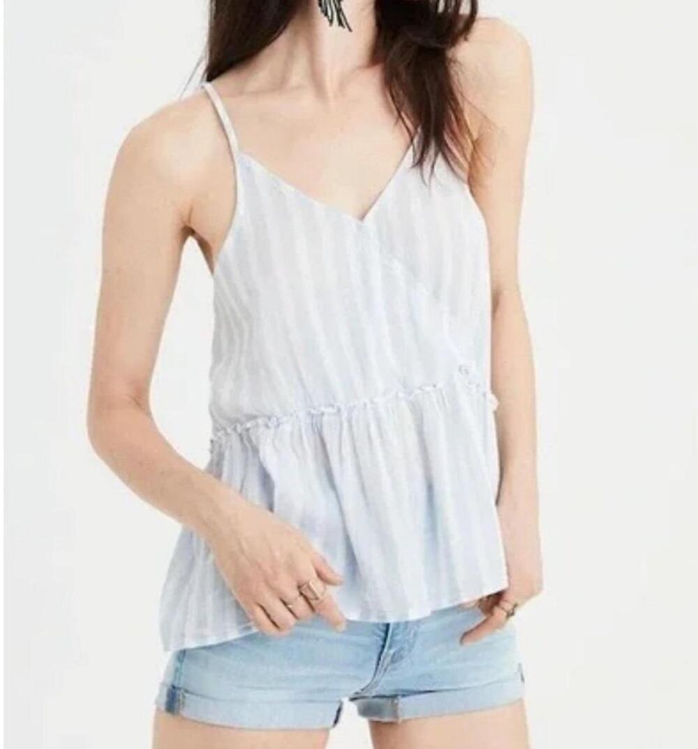 American Eagle Women's Cami Tank Size XS Blue White Strappy Faux Wrap Top NEW